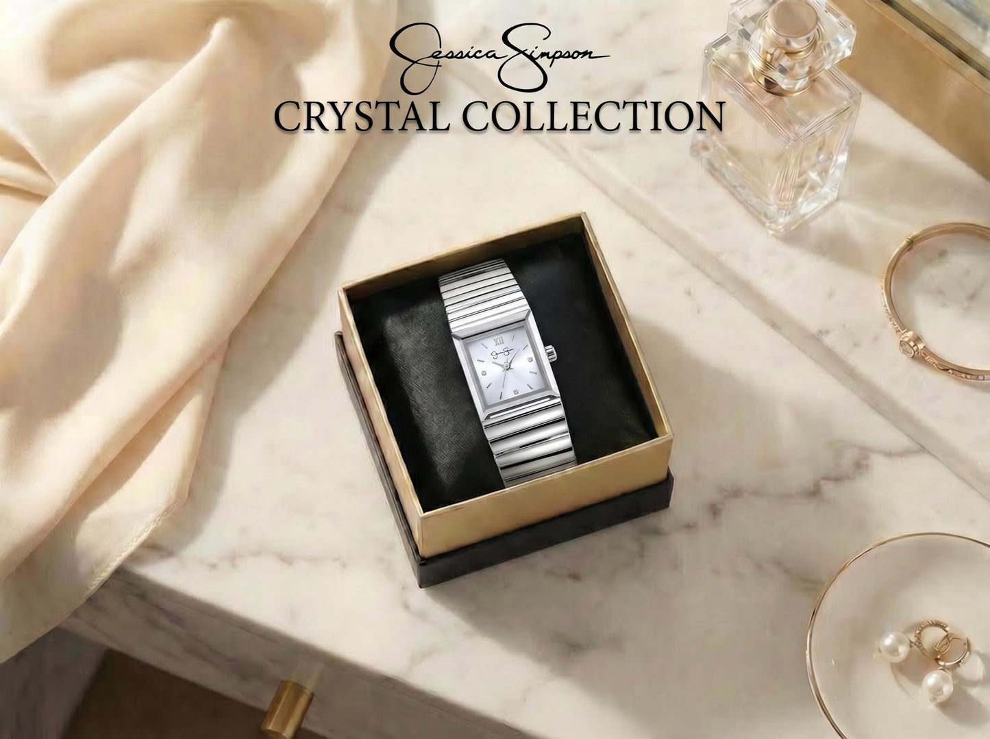 Jessica Simpson Women’s Rectangular Silver Watch 20mm Silver Sunray Dial Crystal Dial