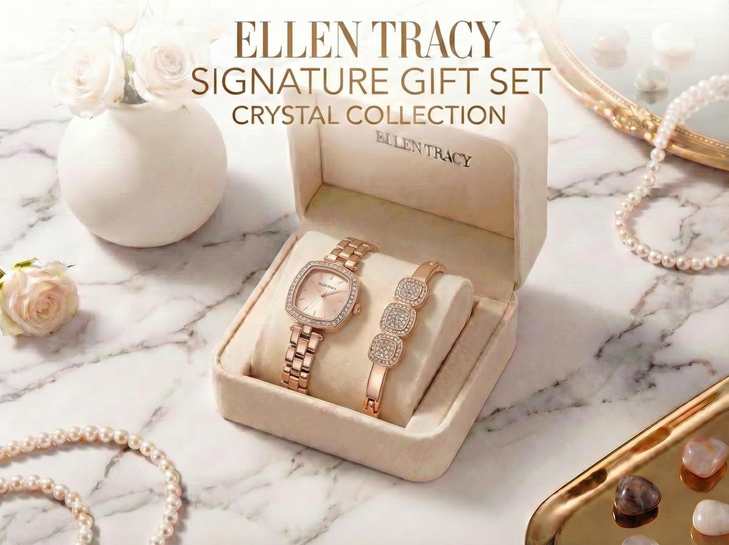 ELLEN TRACY Women's 22mm Cushion Rose Goldtone Watch and Bangle Gift Set, Rose Gold Dial, Crystal Accents