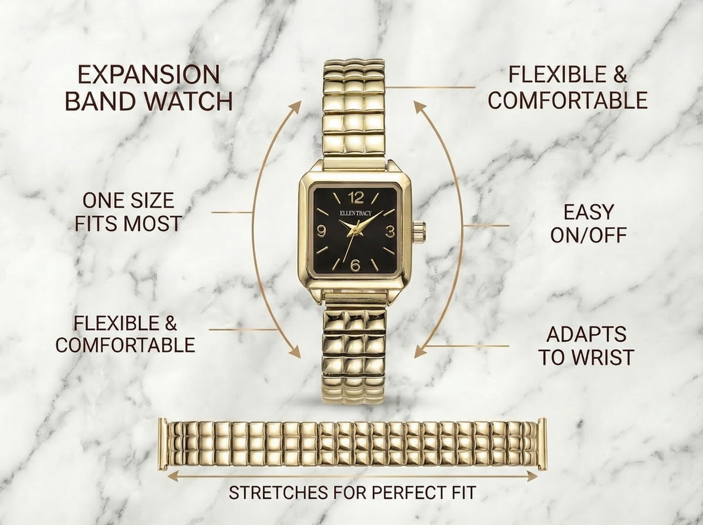 ELLEN TRACY Women's 33mm Square Goldtone Watch, Black Dial, Expansion Band
