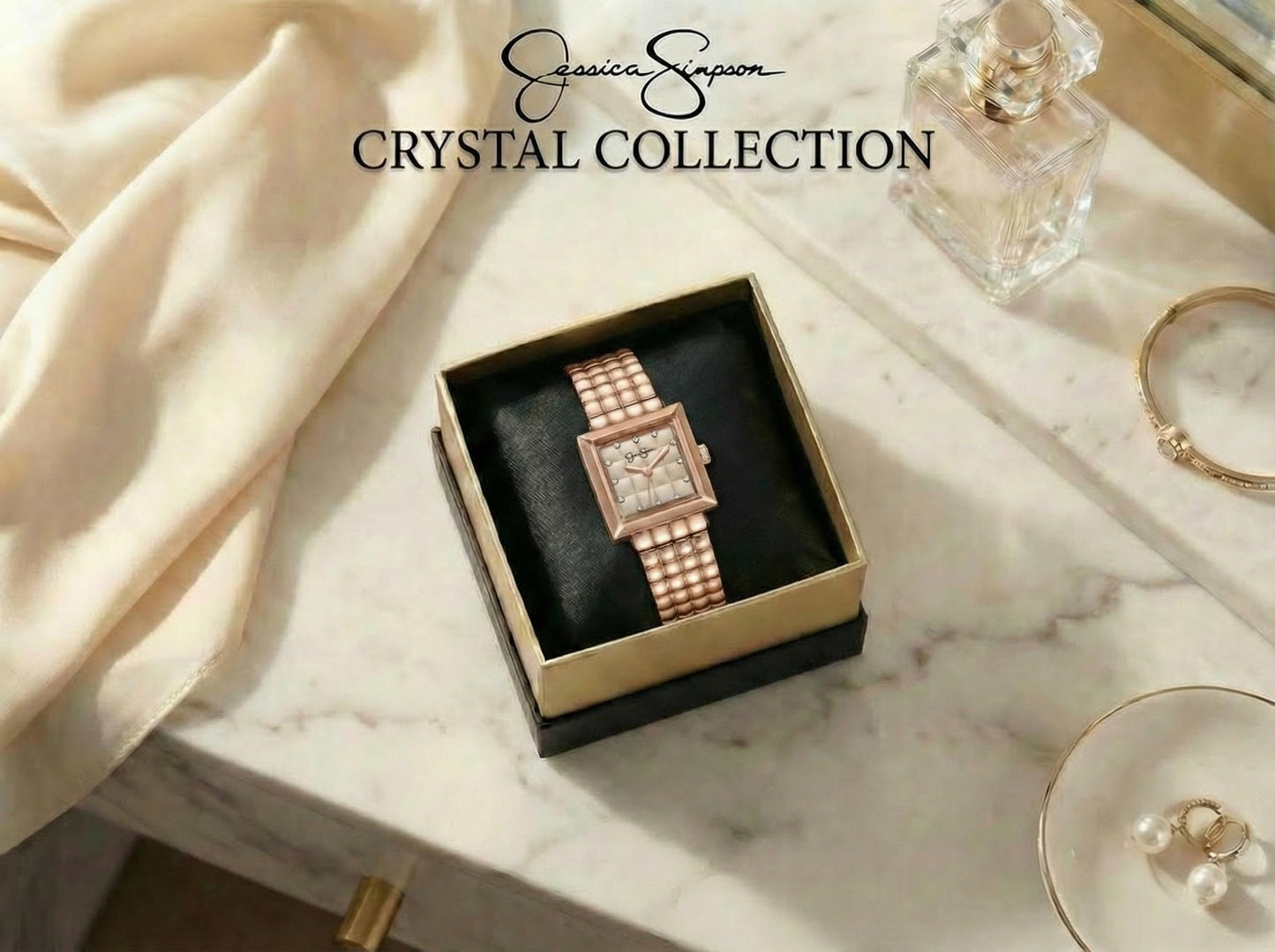 Jessica Simpson Women’s Square Rose Gold Watch 24mm Rose Dial Crystal Accents