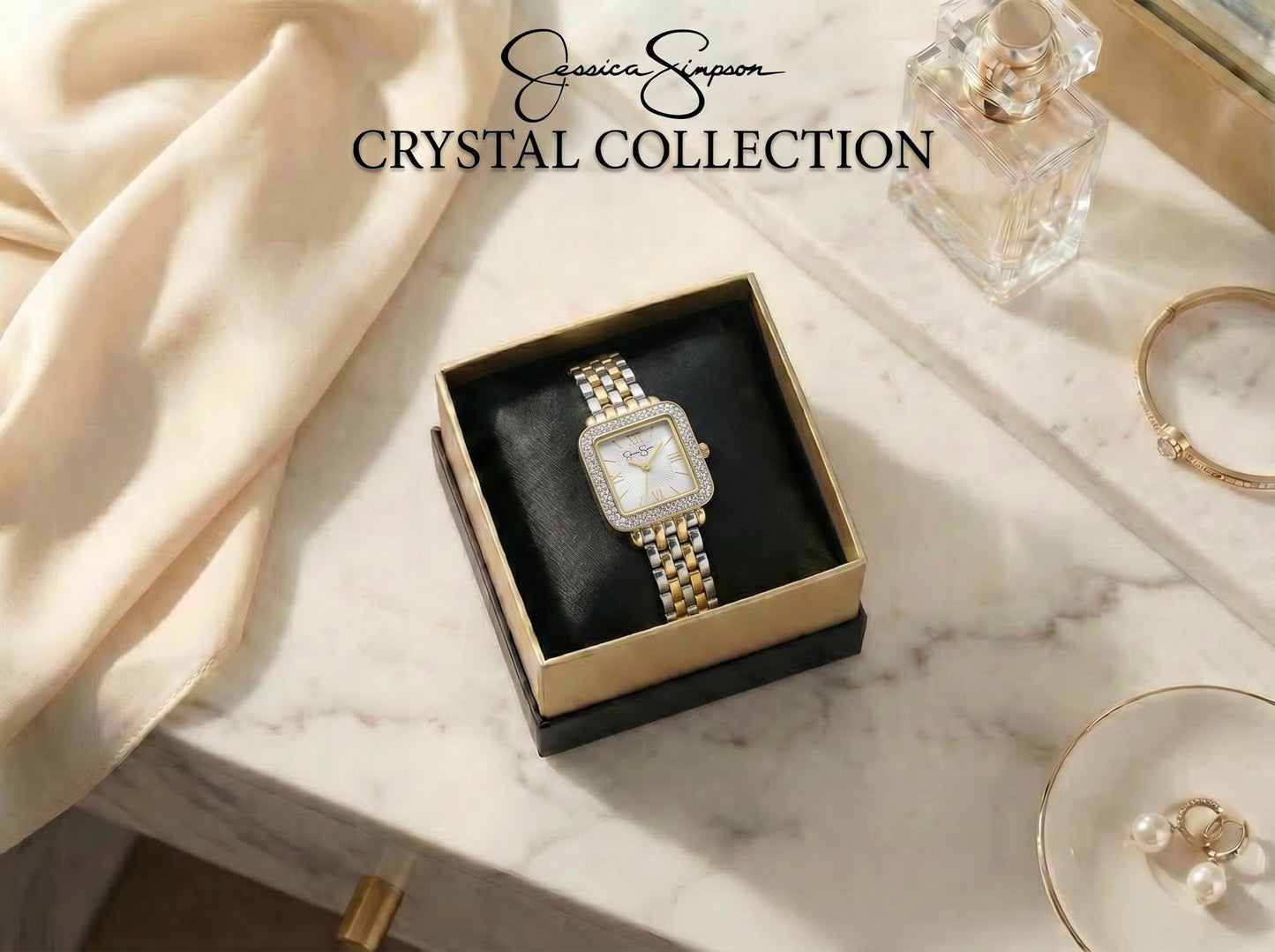 Jessica Simpson Women’s Square Gold Two Tone Watch 23.5mm Silver Dial Crystal Bezel Bracelet