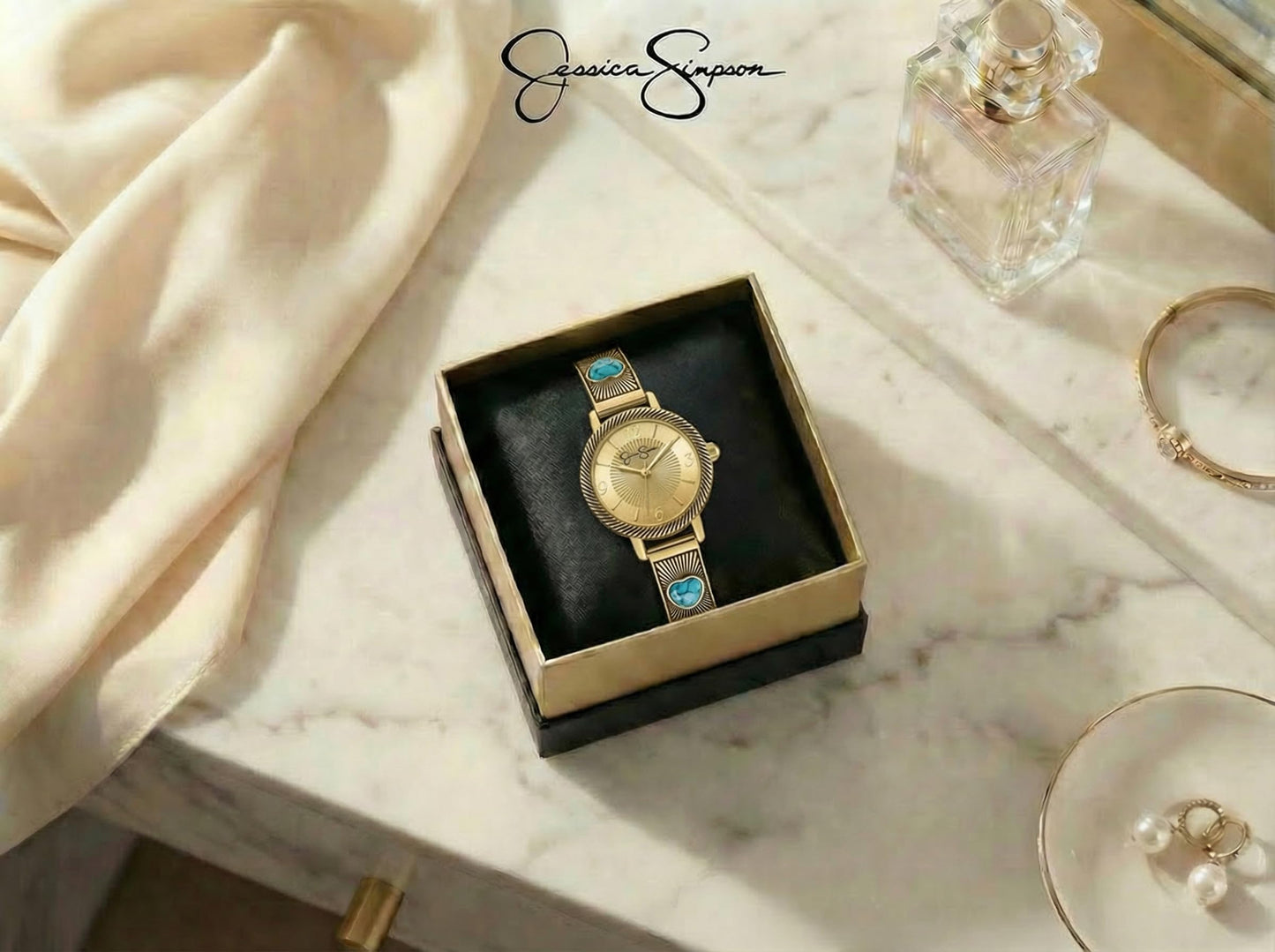 Jessica Simpson Women’s Round Gold Watch 28mm Champagne Textured Dial