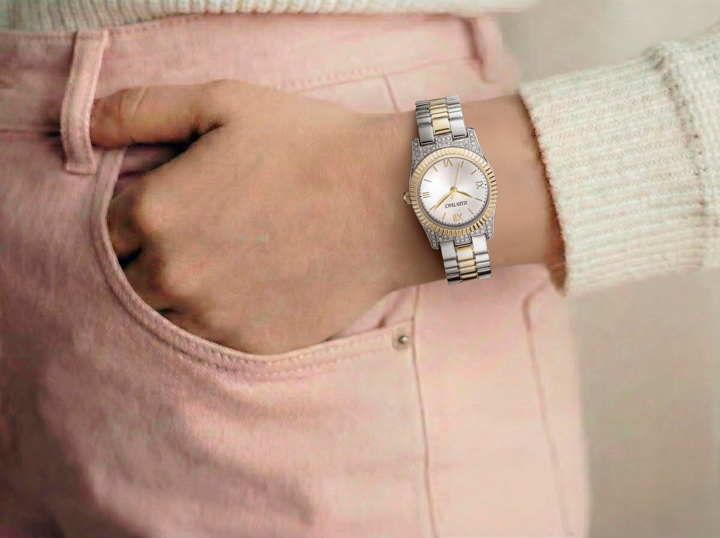 ELLEN TRACY Women's 26mm Round Two Tone Silver/Gold Watch, Silver Dial, Bracelet Band