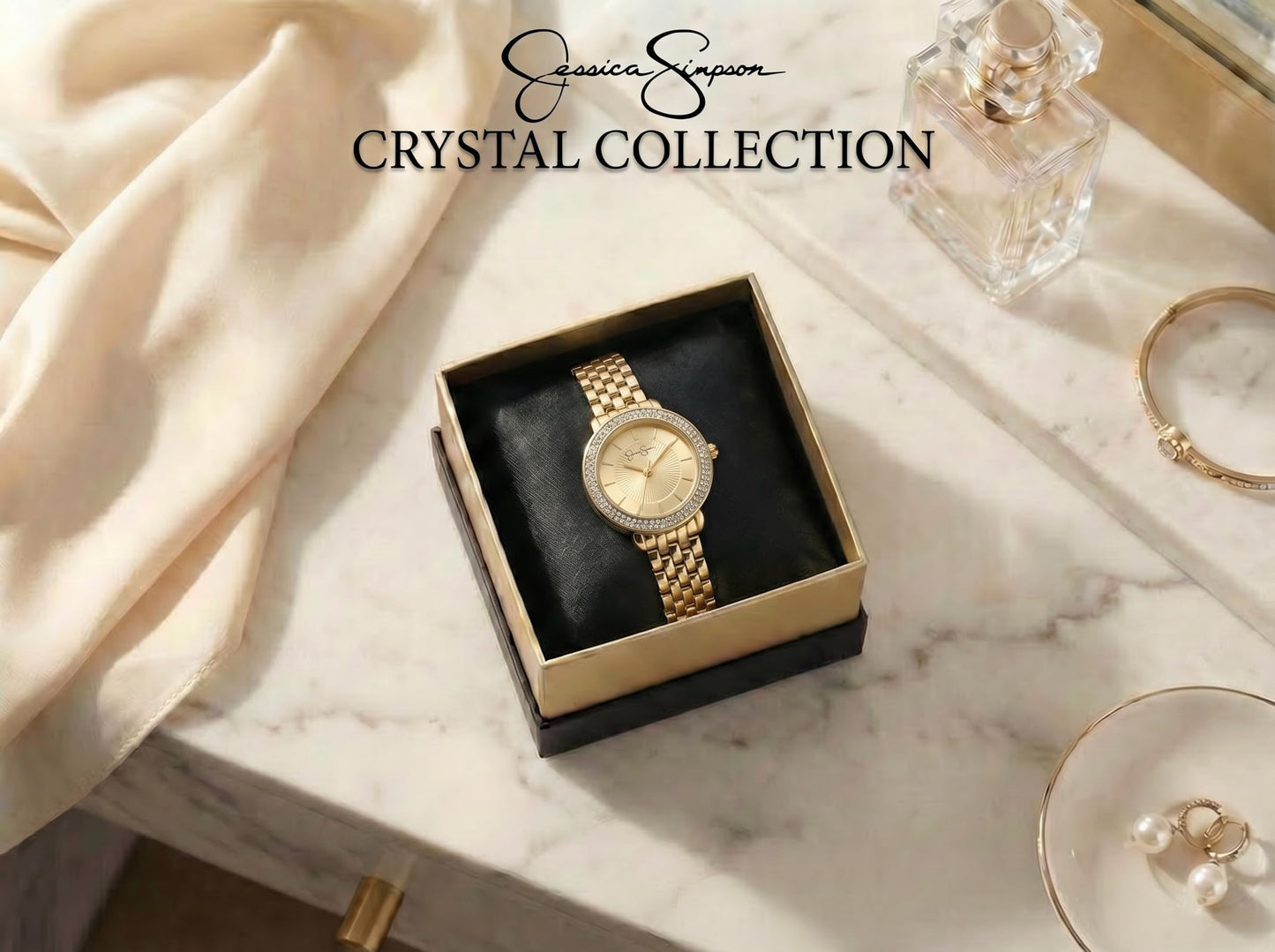 Jessica Simpson Women’s Round Gold Watch 28.5mm Champagne Dial Crystal Bezel Bracelet