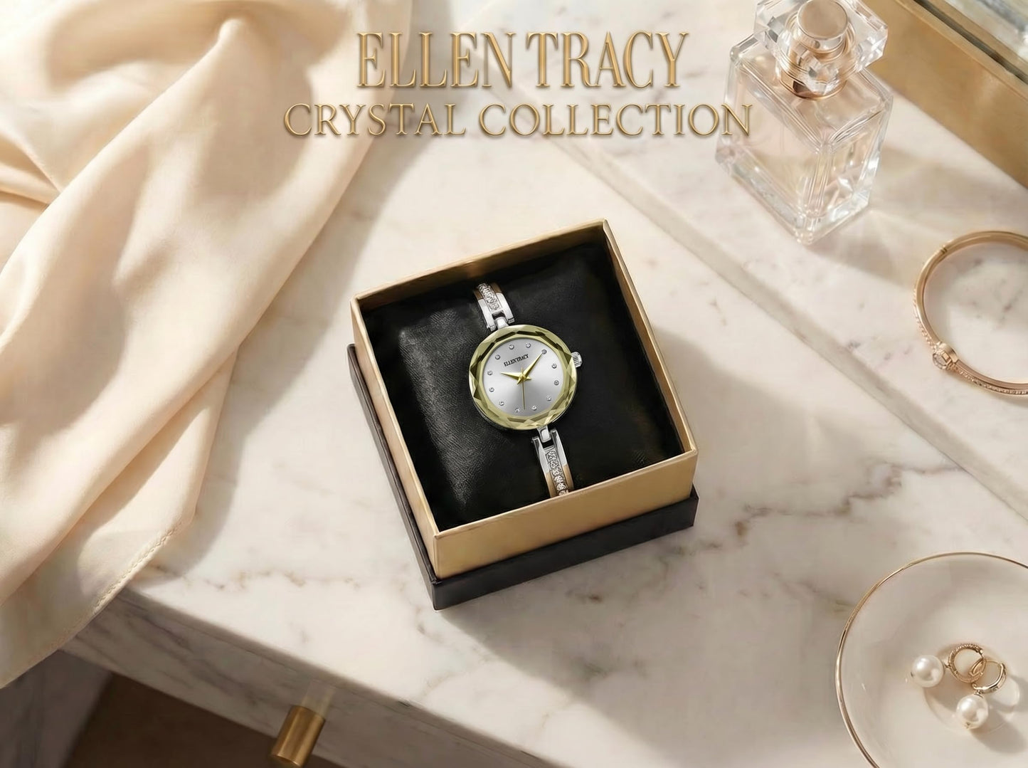 ELLEN TRACY Women's 23mm Round Two Tone Silver/Gold Watch, Silver Dial, Crystal Accents, Half Bangle Band