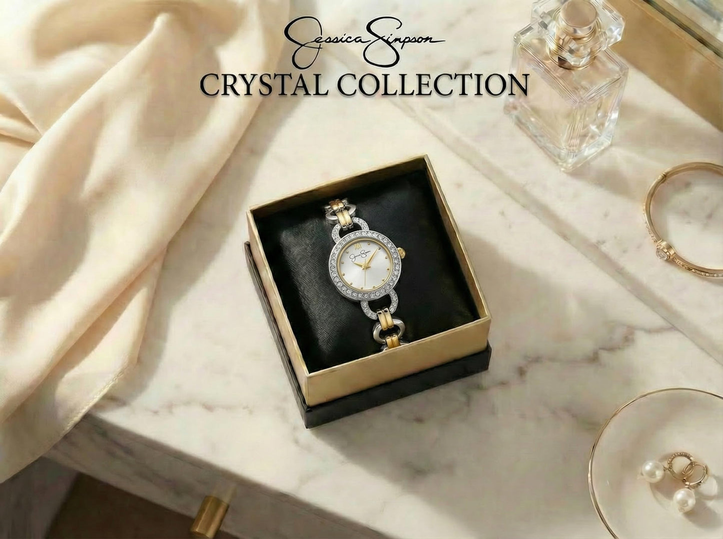 Jessica Simpson Women’s Round Two Tone Watch 22mm Silver Dial Crystal Bezel