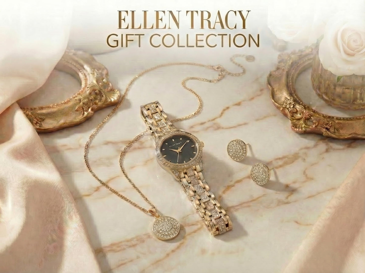 ELLEN TRACY Women's 24mm Round Goldtone Watch and Jewelry Gift Set, Black Dial, Crystal Accents