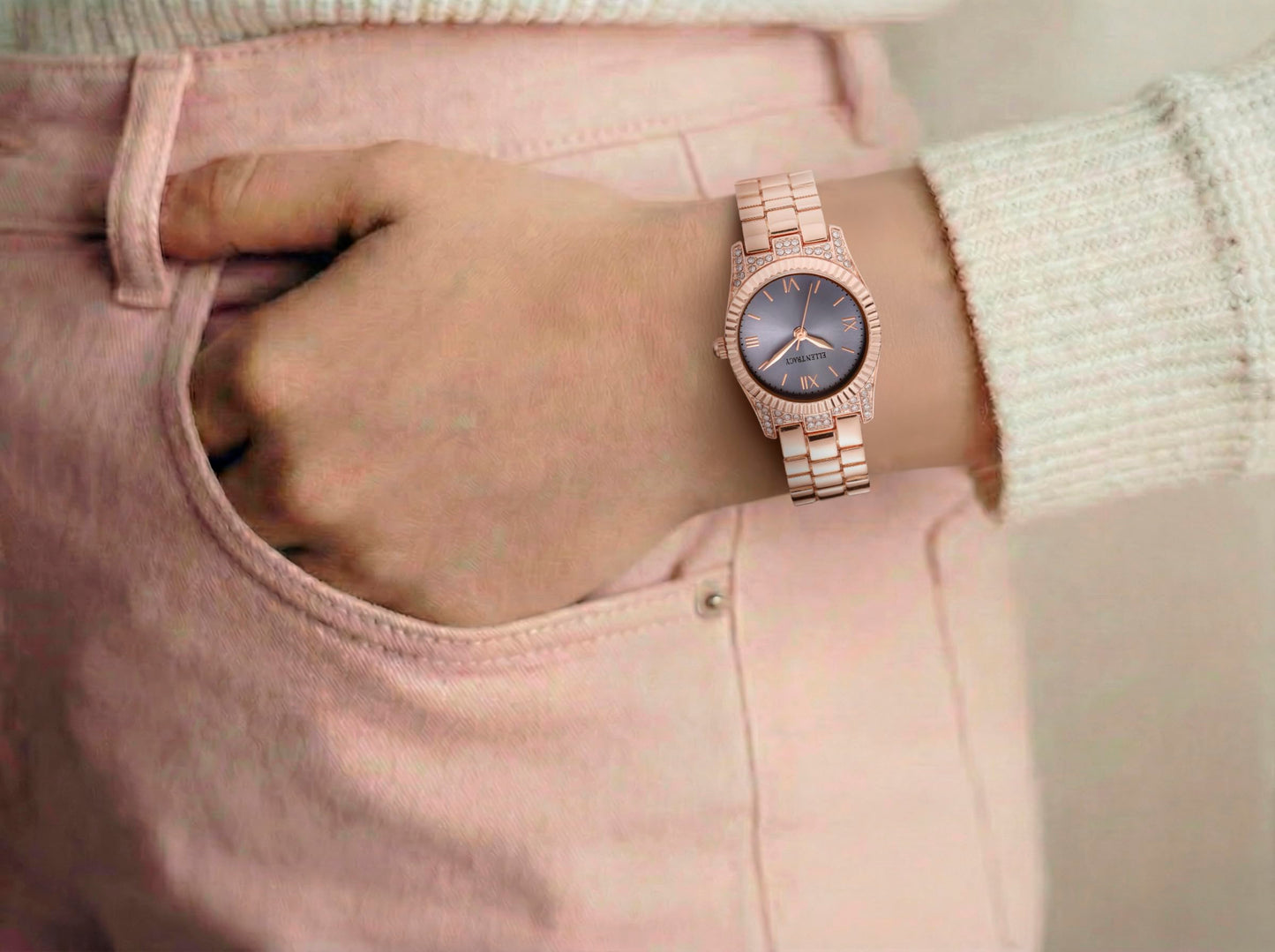 ELLEN TRACY Women's 26mm Round Rose Goldtone Watch, Purple Dial, Bracelet Band