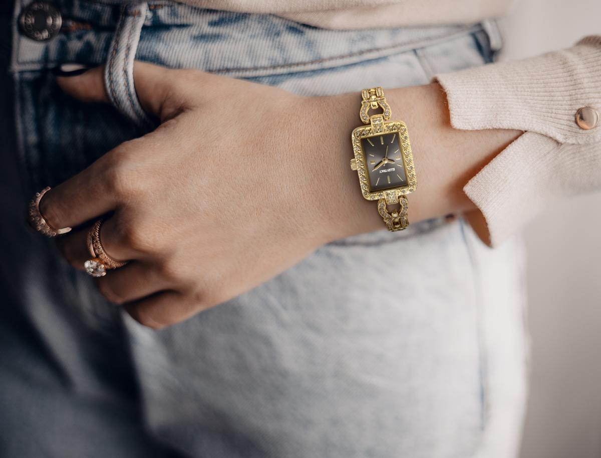 Ellen Tracy Womens Metal Bracelet Watch | Rectangular Sunray Dial With Crystals | 20 MM
