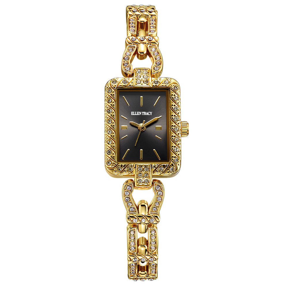 Ellen Tracy Womens Metal Bracelet Watch | Rectangular Sunray Dial With Crystals | 20 MM
