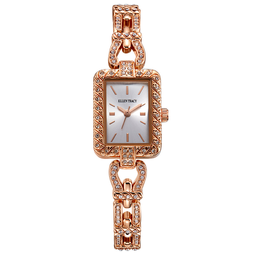Ellen Tracy Womens Metal Bracelet Watch | Rectangular Sunray Dial With Crystals | 20 MM