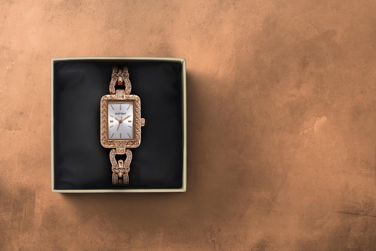 Ellen Tracy Womens Metal Bracelet Watch | Rectangular Sunray Dial With Crystals | 20 MM
