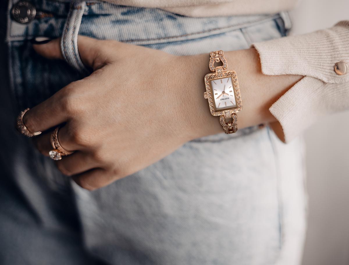 Ellen Tracy Womens Metal Bracelet Watch | Rectangular Sunray Dial With Crystals | 20 MM