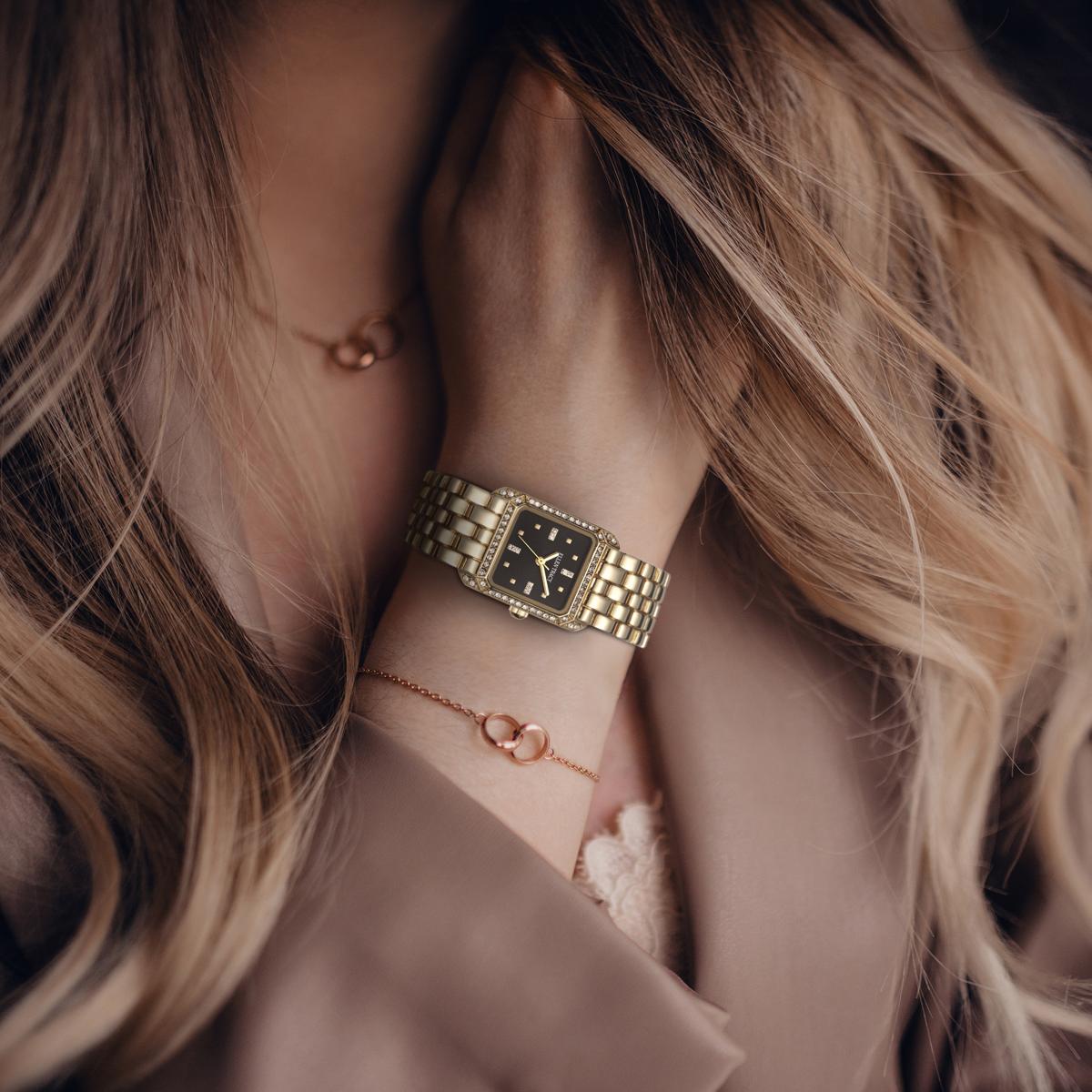 Ellen Tracy Womens Metal Bracelet Watch | Square Dial | Faceted Crystals | 22 MM