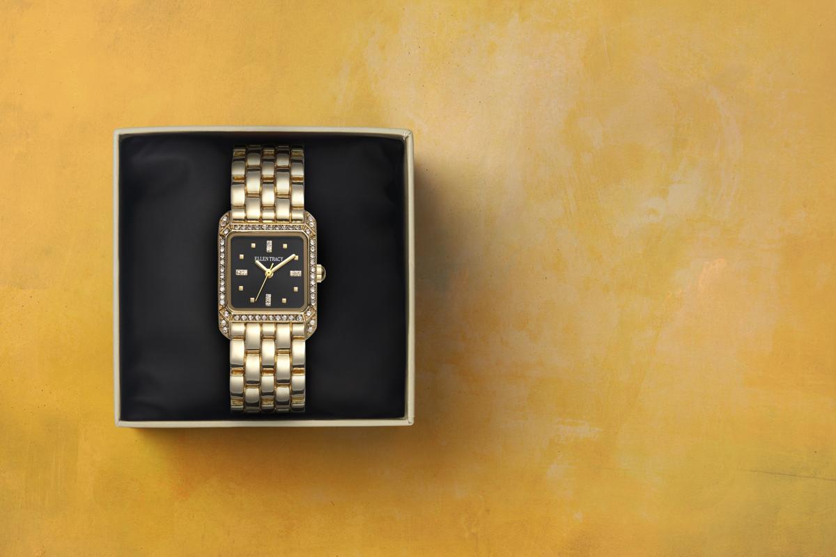 Ellen Tracy Womens Metal Bracelet Watch | Square Dial | Faceted Crystals | 22 MM