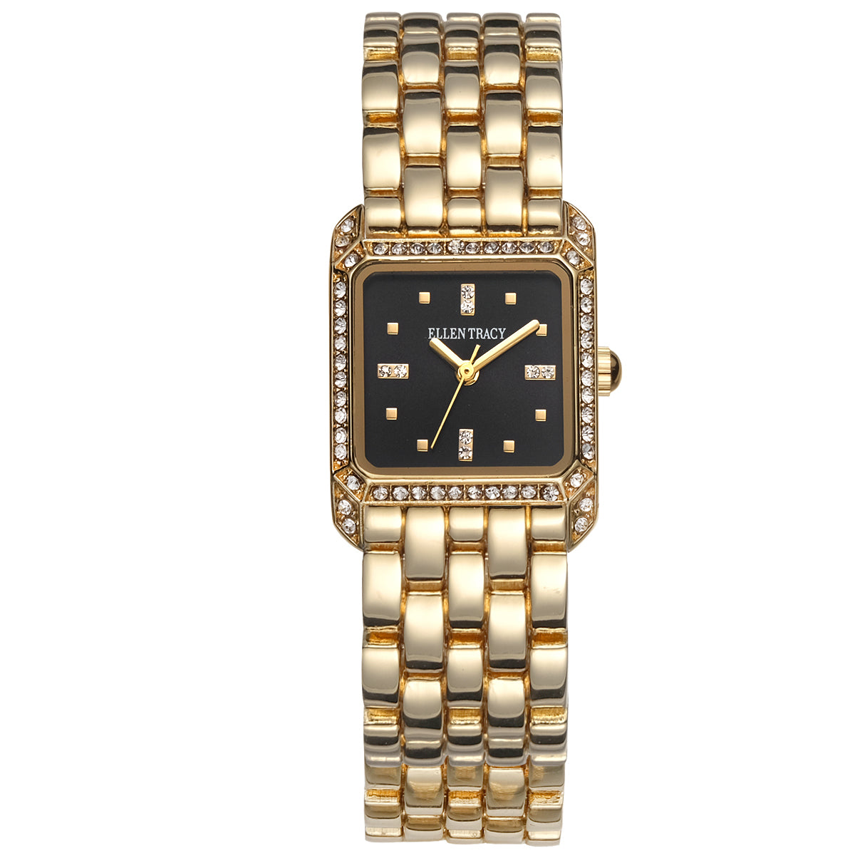 Ellen Tracy Womens Metal Bracelet Watch | Square Dial | Faceted Crystals | 22 MM
