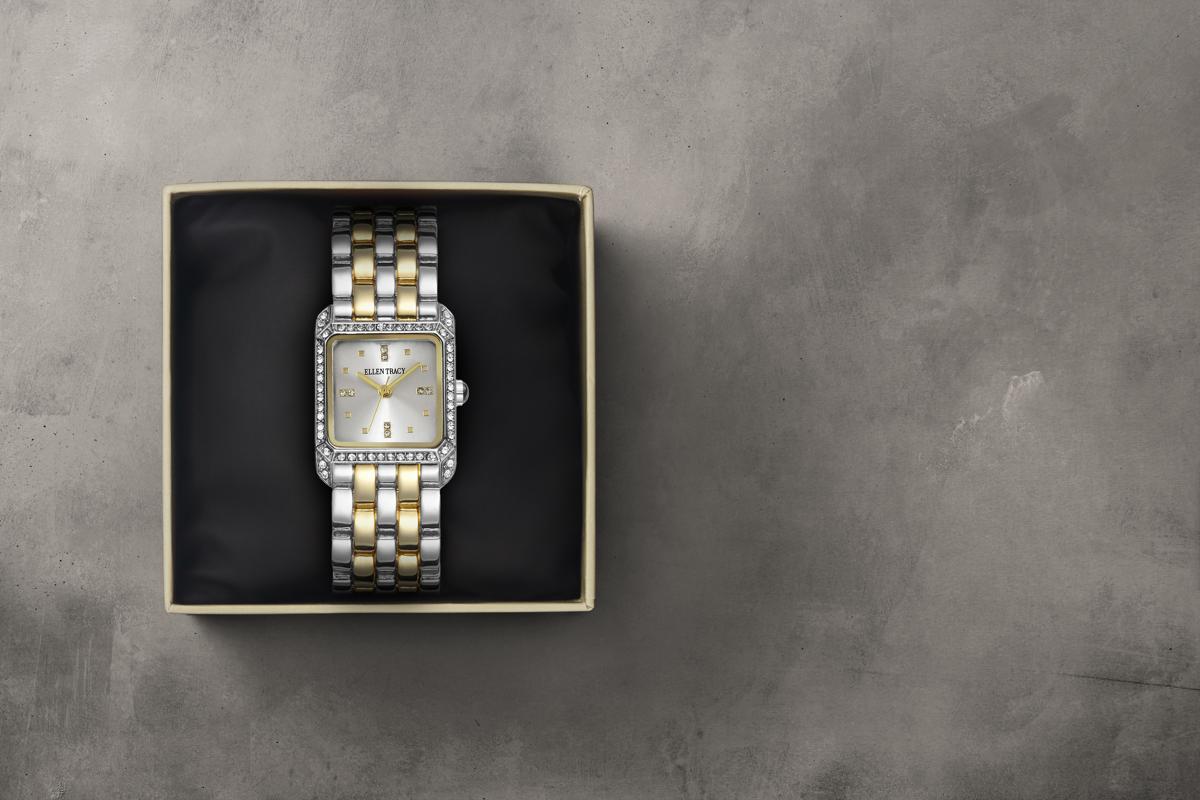 Ellen Tracy Womens Metal Bracelet Watch | Square Dial | Faceted Crystals | 22 MM