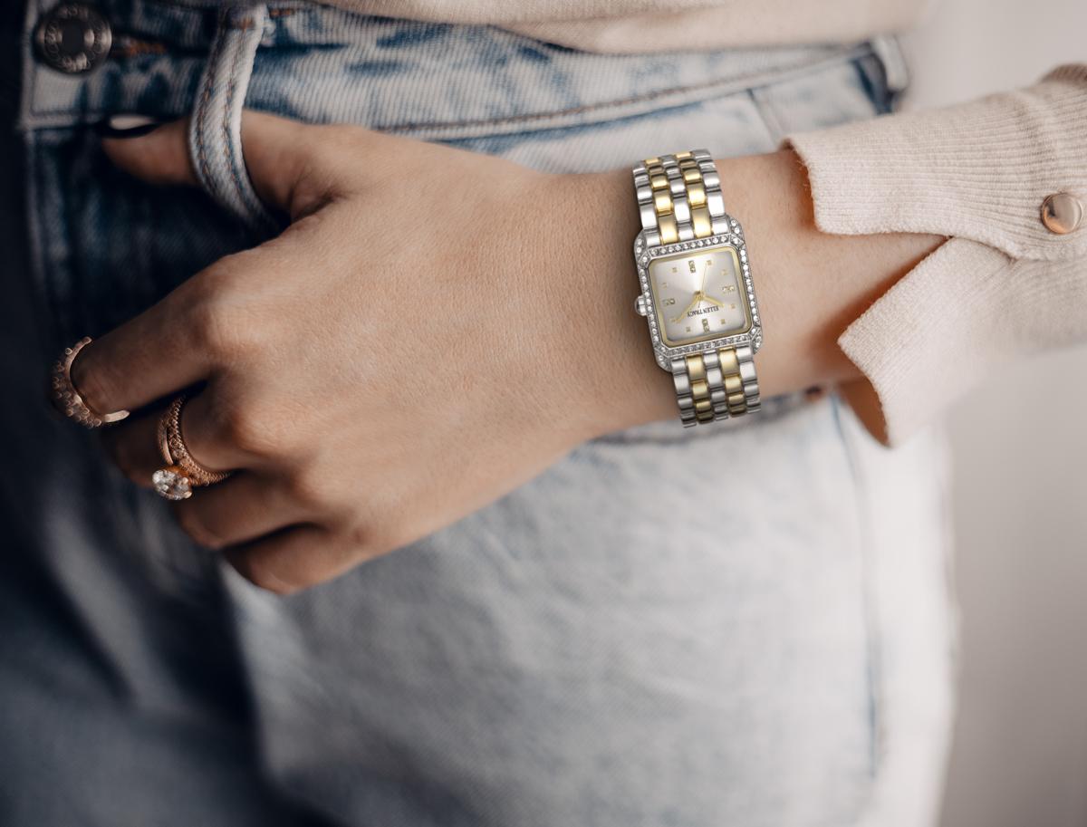 Ellen Tracy Womens Metal Bracelet Watch | Square Dial | Faceted Crystals | 22 MM