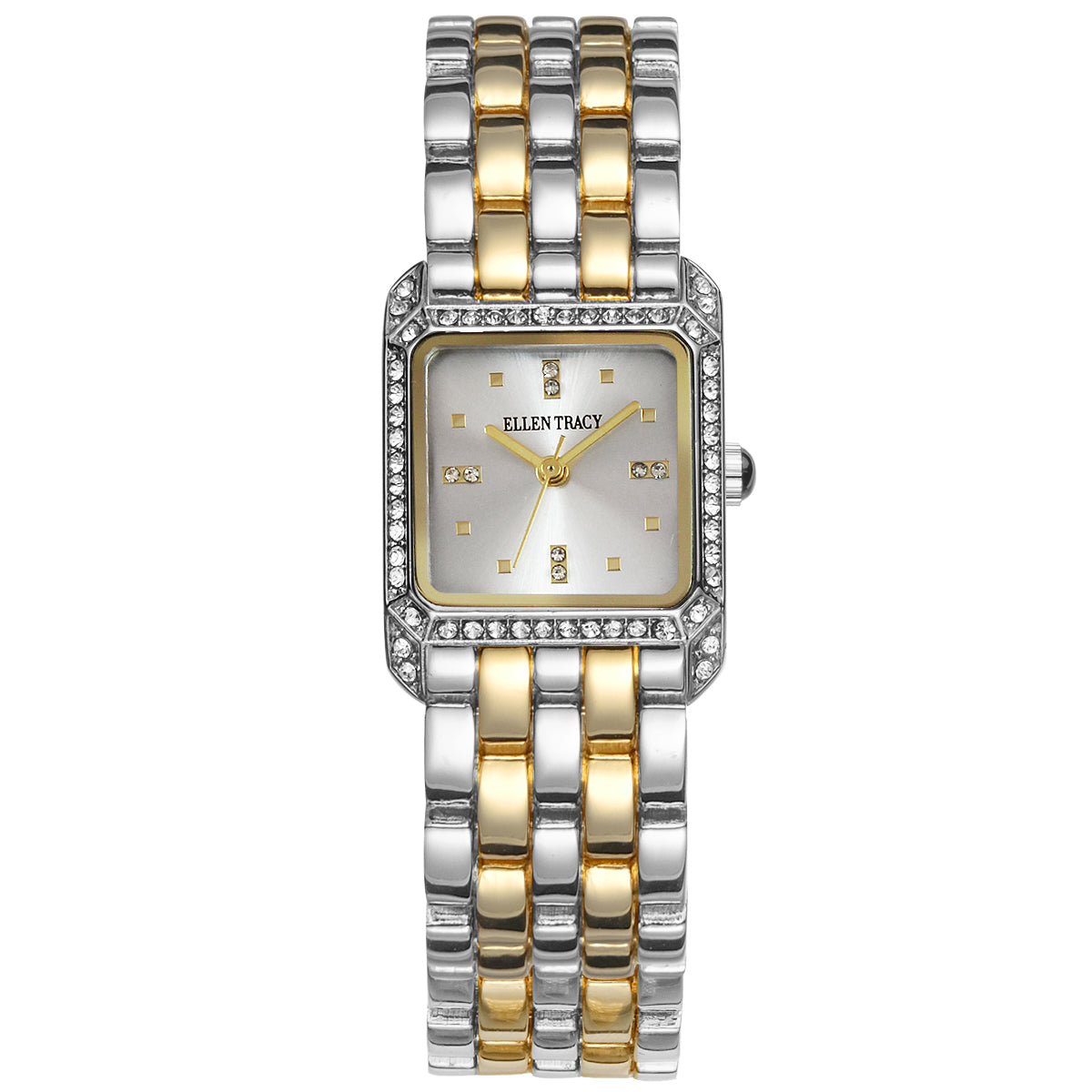 Ellen Tracy Womens Metal Bracelet Watch | Square Dial | Faceted Crystals | 22 MM