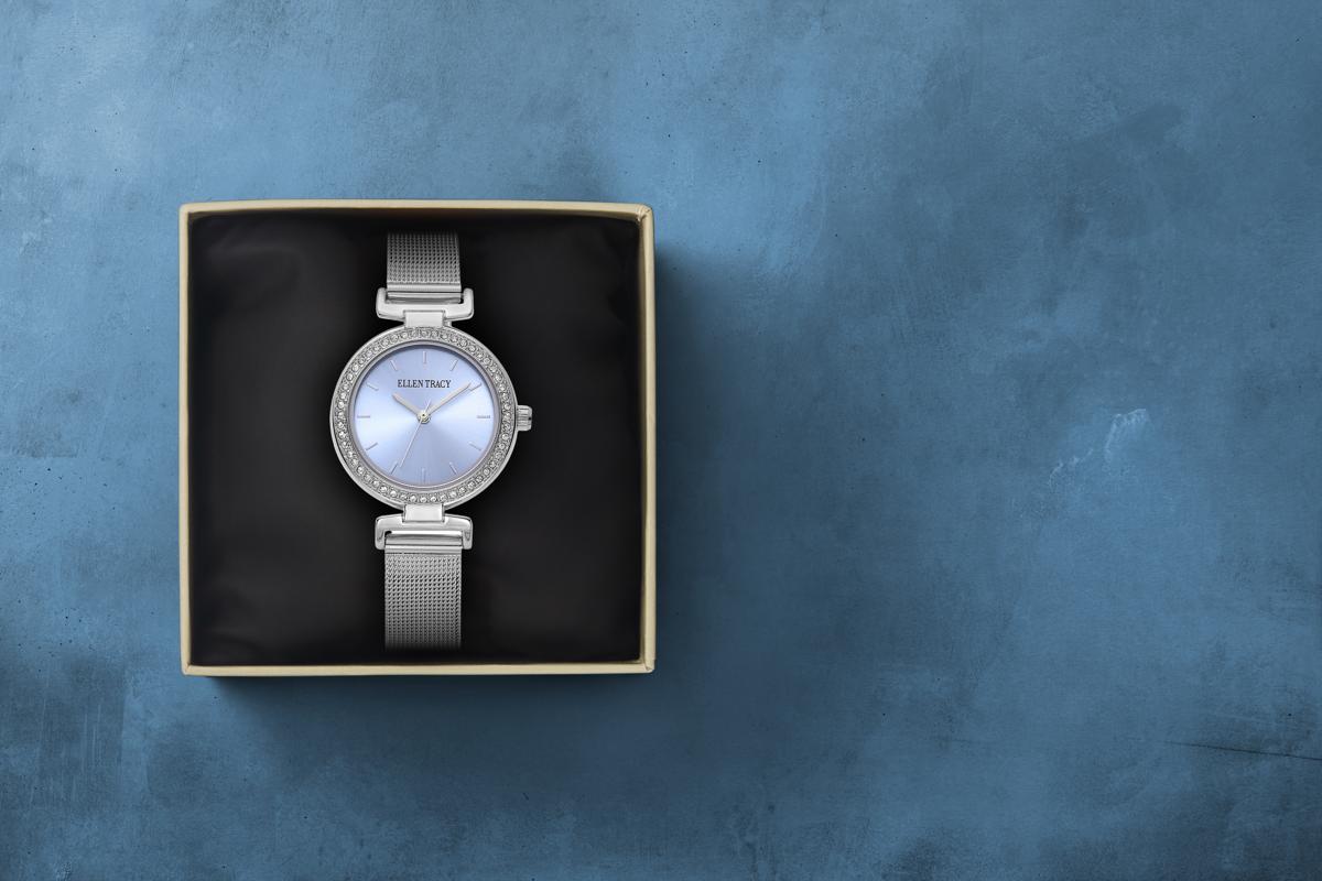 Ellen Tracy Womens Mesh Band Watch | Round Sunray Dial With Crystals | 30 MM