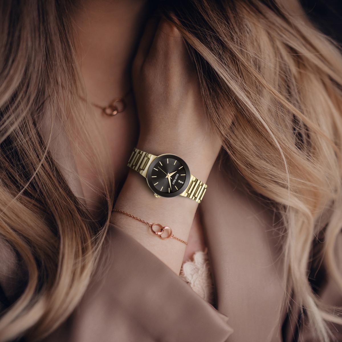 Ellen Tracy Diamond Collection Womens Metal Bracelet Watch | Round Sunray Dial With Crystals | 28 MM