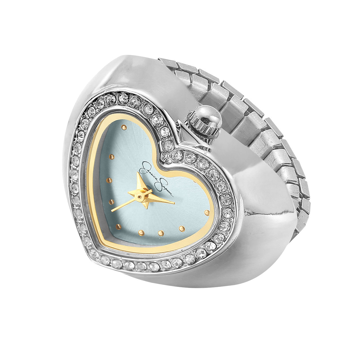 Jessica Simpson Women's Metal Adjustable Ring Watch | Crystal Heart Shaped Bezel | Quartz Analog Mini Dial | Stretch Band | 20.5 MM