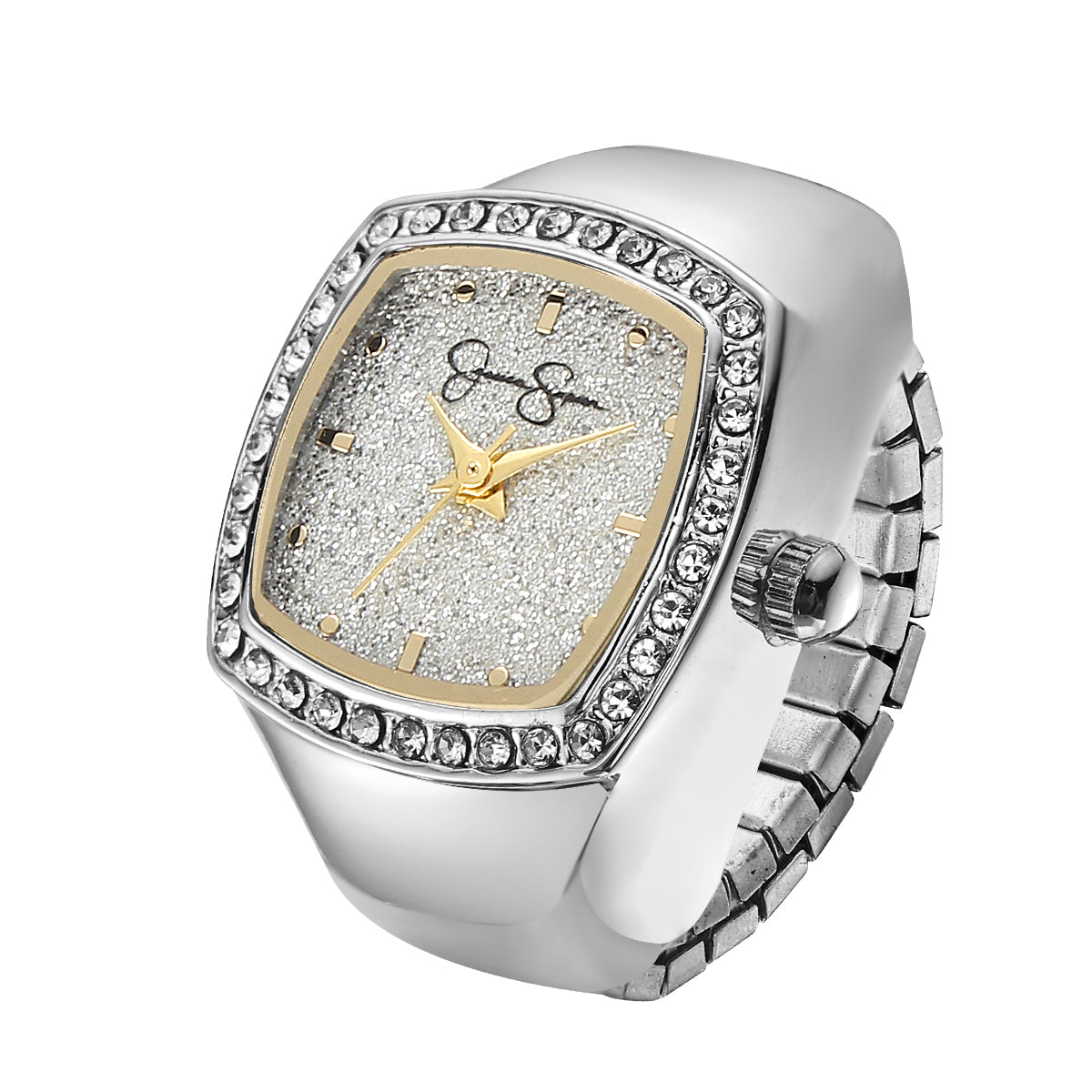 Jessica Simpson Women's Metal Adjustable Ring Watch | CushionedCrystal Bezel | Quartz Analog Mini Dial | Stretch Band | 20 MM