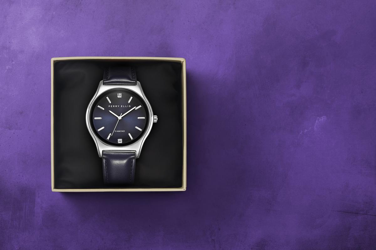 Perry Ellis Slim Diamond Leather Men’s Watch | Round Sunray Dial | 41 MM