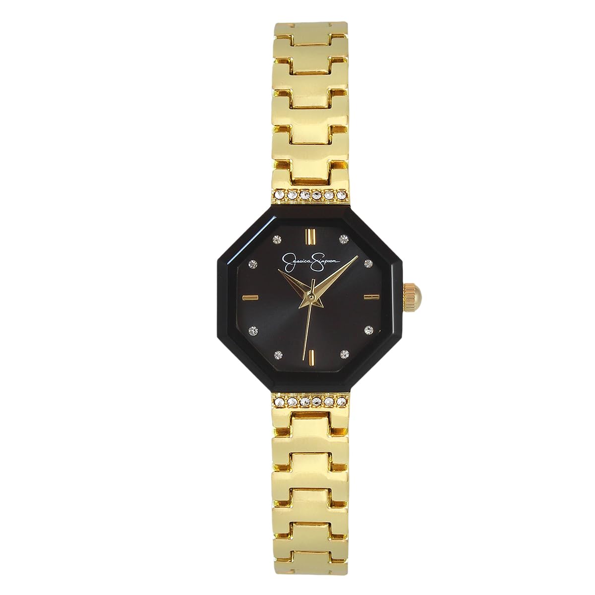 Jessica Simpson Women’s Octagon Gold Watch 24mm Black Sunray Dial Crystal Accents