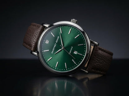 Geoffrey Beene Men’s Round Gunmetal Watch 41mm Green Sunray Dial PU Strap Diamond Accent