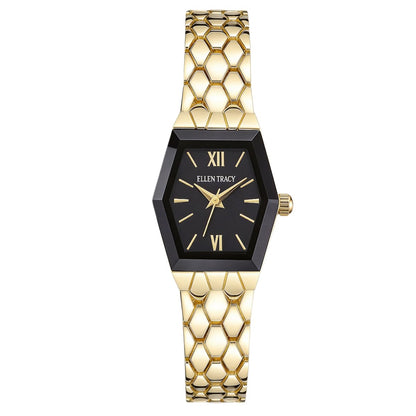 ELLEN TRACY Women's 21mm Hexagon Goldtone Watch, Black Dial, Mesh Band