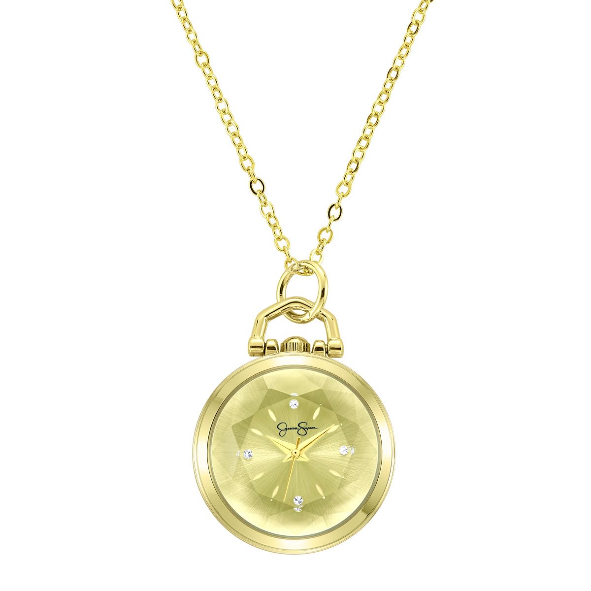 Jessica Simpson Pendant Necklace Watch for Women - Gold 27mm Round Case, Chain Necklace, Crystal Accents, Analog Quartz Fashion Jewelry Accessory (Gold)