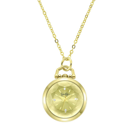 Jessica Simpson Pendant Necklace Watch for Women - Gold 27mm Round Case, Chain Necklace, Crystal Accents, Analog Quartz Fashion Jewelry Accessory (Gold)