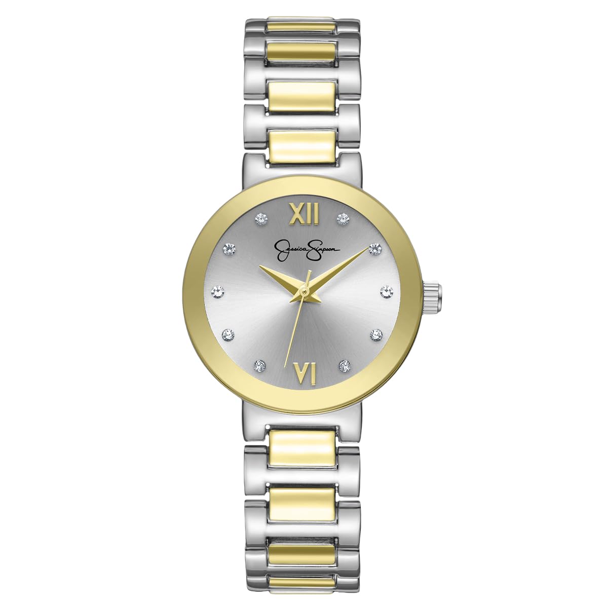 Jessica Simpson Women’s Round Two Tone Watch 28mm Silver Sunray Dial