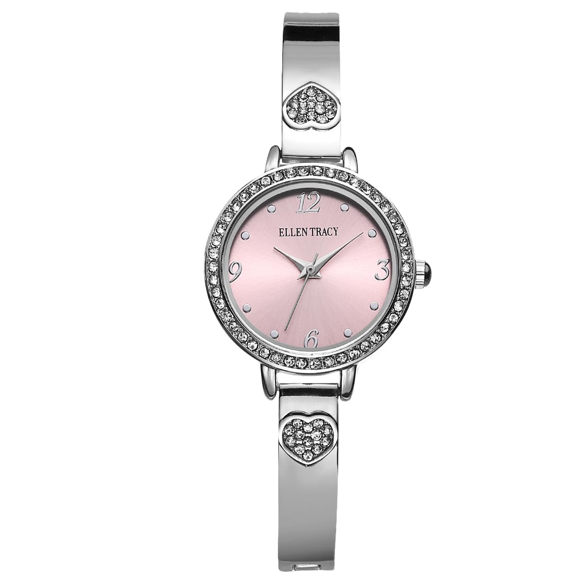 ELLEN TRACY Women's 28mm Round Silvertone Watch, Pink Dial, Crystal Accents, Bangle Band