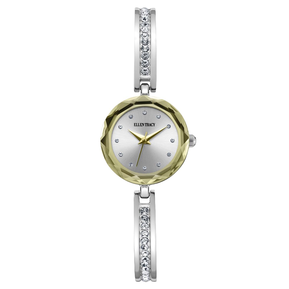 ELLEN TRACY Women's 23mm Round Two Tone Silver/Gold Watch, Silver Dial, Crystal Accents, Half Bangle Band