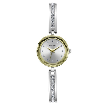 ELLEN TRACY Women's 23mm Round Two Tone Silver/Gold Watch, Silver Dial, Crystal Accents, Half Bangle Band