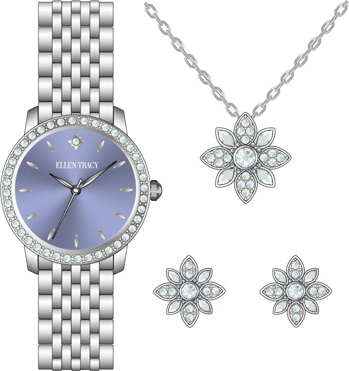 ELLEN TRACY Women's 25mm Round Silvertone Watch and Jewelry Gift Set, Lavender Dial, Crystal Accents
