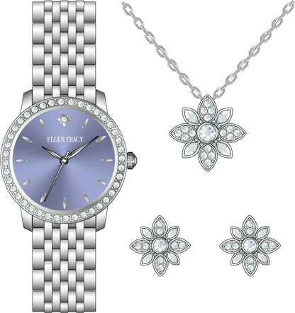 ELLEN TRACY Women's 25mm Round Silvertone Watch and Jewelry Gift Set, Lavender Dial, Crystal Accents