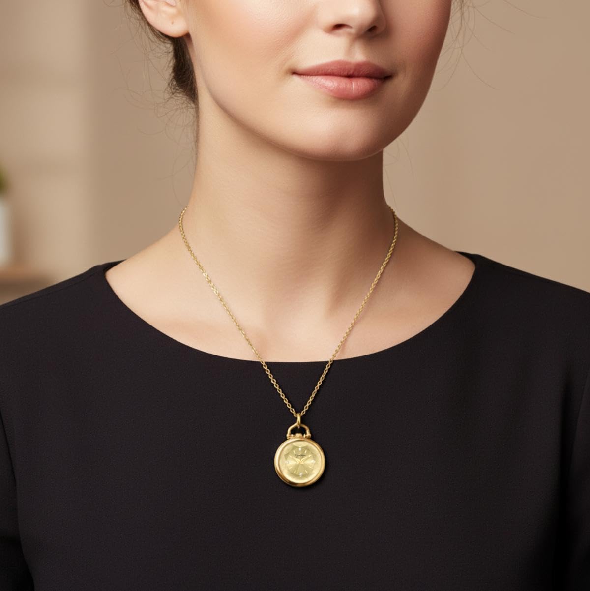 Jessica Simpson Pendant Necklace Watch for Women - Gold 27mm Round Case, Chain Necklace, Crystal Accents, Analog Quartz Fashion Jewelry Accessory (Gold)