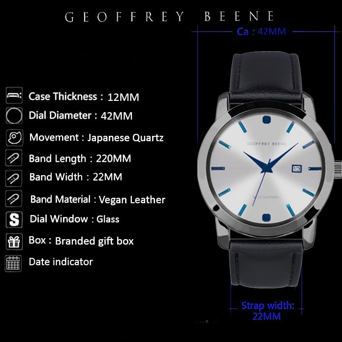 Geoffrey Beene Mens Watch, Genuine Diamond Accent Dial - Elegant Leather Strap Quartz Movement Analog Watch for Men, Gift for Men, Formal or Business Casual Minimalist Wrist Watches 42mm