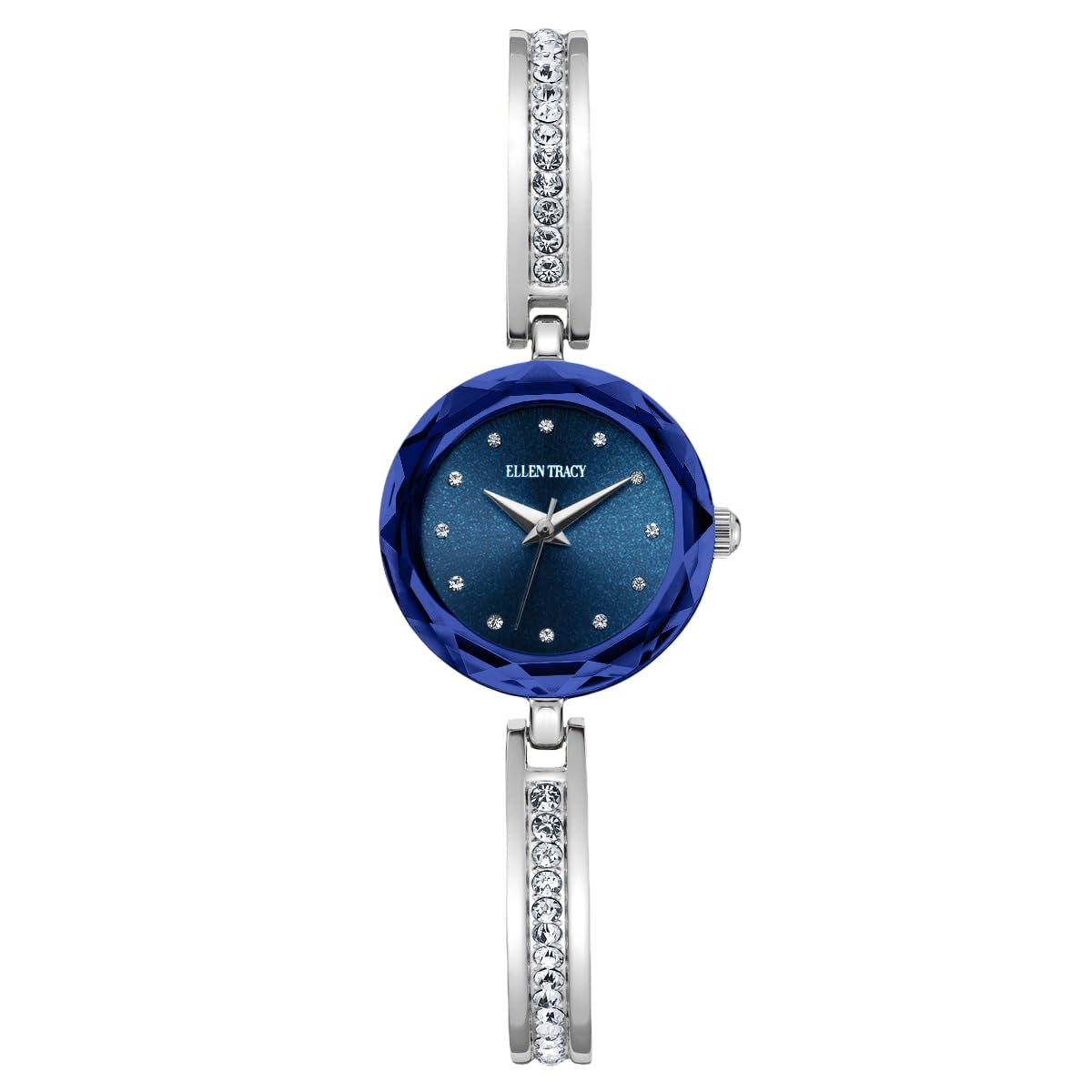ELLEN TRACY Women's 23mm Round Silvertone Watch, Blue Dial, Crystal Accents, Half Bangle Band