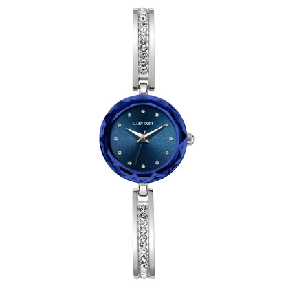 ELLEN TRACY Women's 23mm Round Silvertone Watch, Blue Dial, Crystal Accents, Half Bangle Band