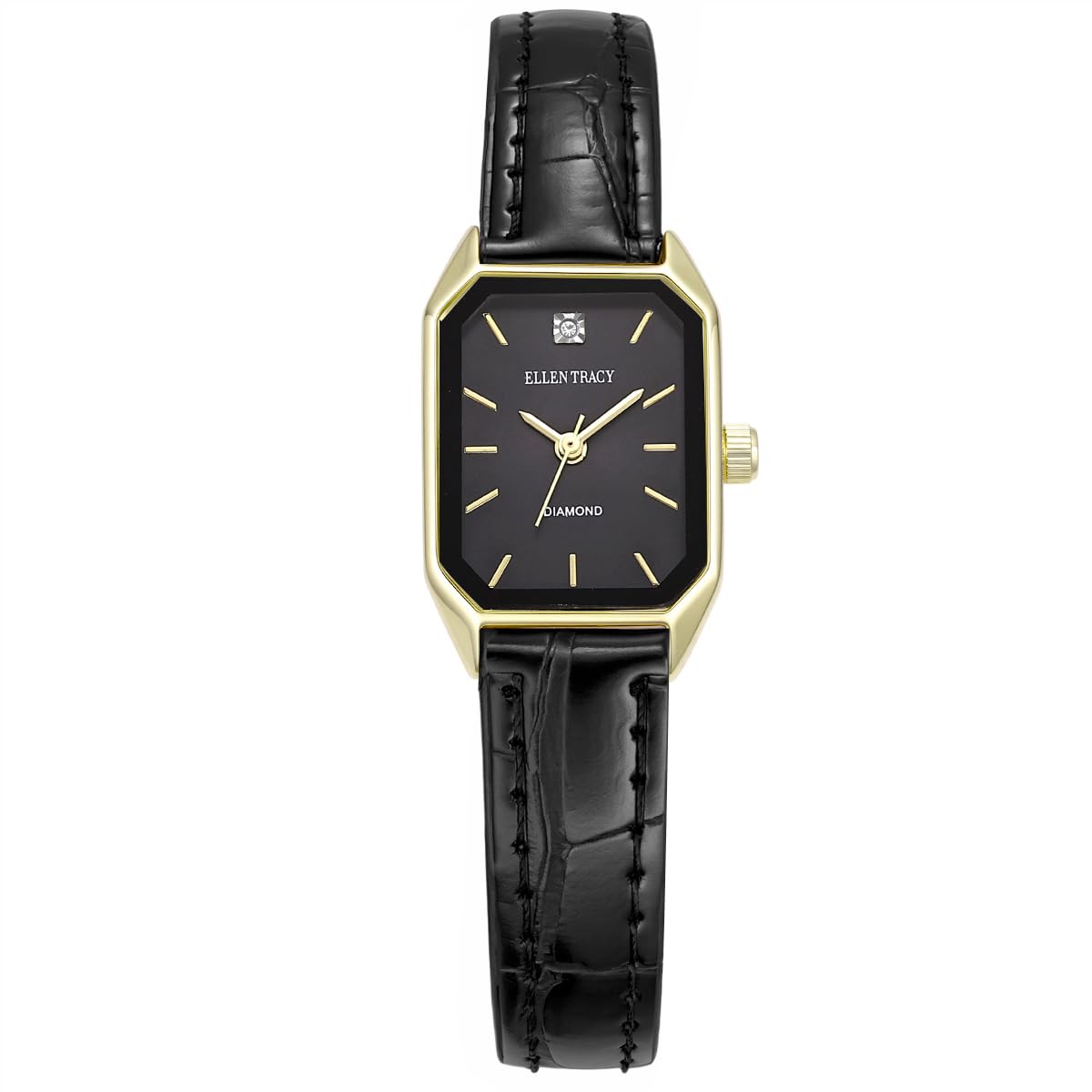 ELLEN TRACY Women's 20mm Round Goldtone Watch, Black Dial, Diamond Accent, Leather Band