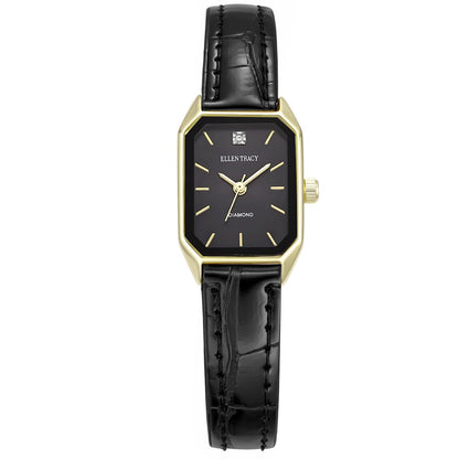 ELLEN TRACY Women's 20mm Round Goldtone Watch, Black Dial, Diamond Accent, Leather Band