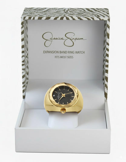Jessica Simpson Women's Gold Adjustable Ring Watch –Faceted Bezel, Quartz Analog Mini Dial with Crystal, Stretch Band Fashion Jewelry Accessory