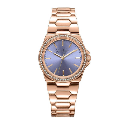 Jessica Simpson Women's Watch 32mm Gold Tone Rose Pink Dial Crystal Bezel Metal Bracelet Dress Watch Analog Quartz Birthday Gift for Her
