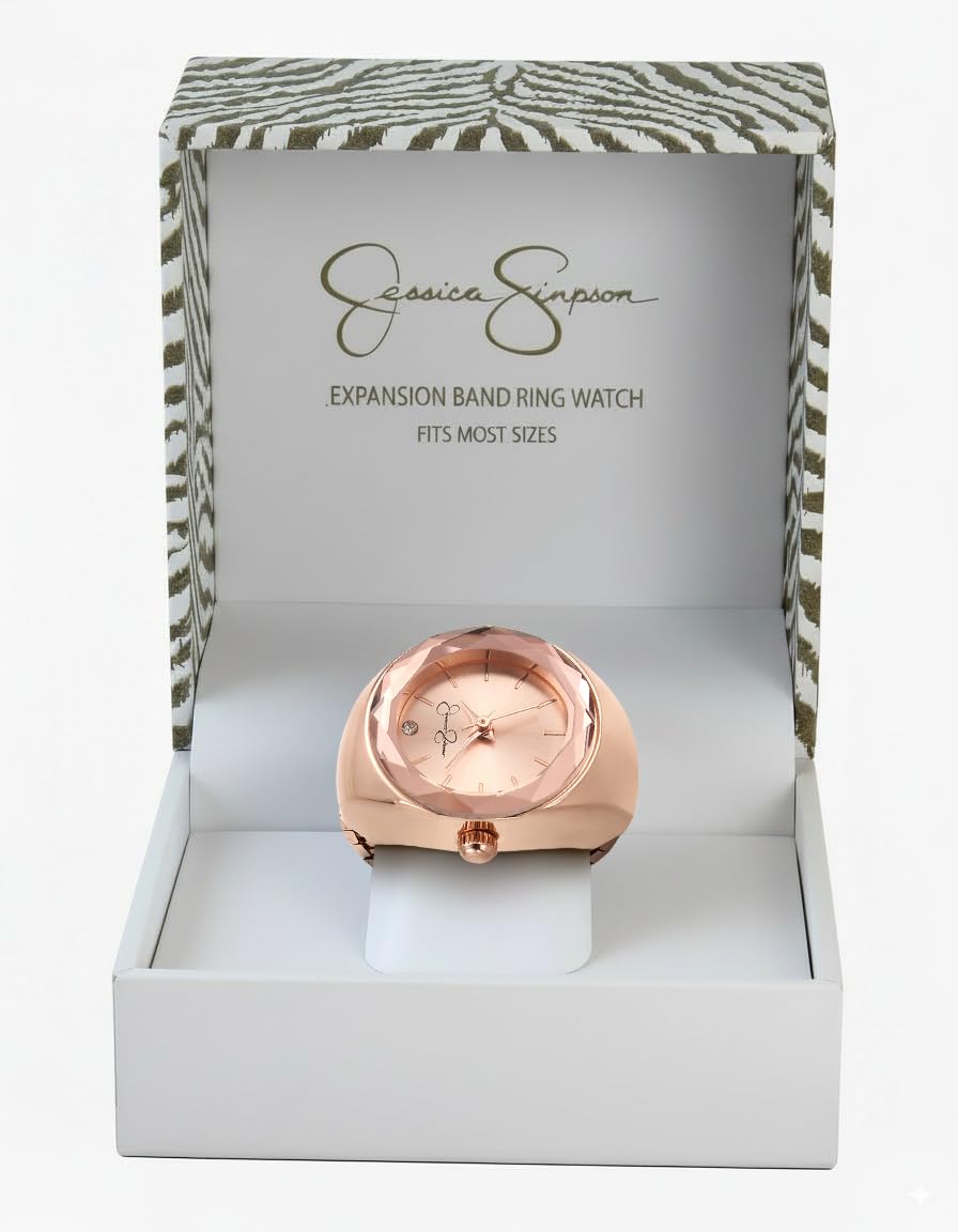 Jessica Simpson Women's Gold Adjustable Ring Watch –Faceted Bezel, Quartz Analog Mini Dial with Crystal, Stretch Band Fashion Jewelry Accessory