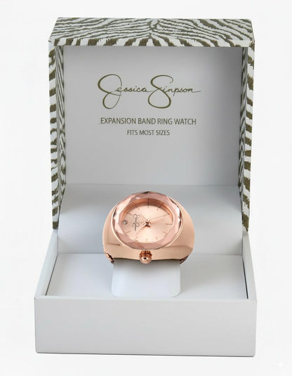 Jessica Simpson Women's Gold Adjustable Ring Watch –Faceted Bezel, Quartz Analog Mini Dial with Crystal, Stretch Band Fashion Jewelry Accessory