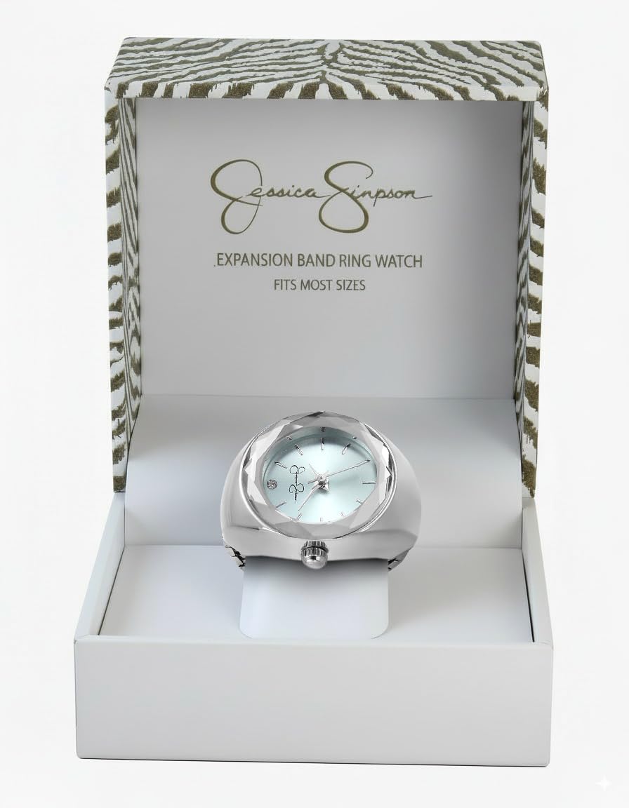 Jessica Simpson Women's Gold Adjustable Ring Watch –Faceted Bezel, Quartz Analog Mini Dial with Crystal, Stretch Band Fashion Jewelry Accessory